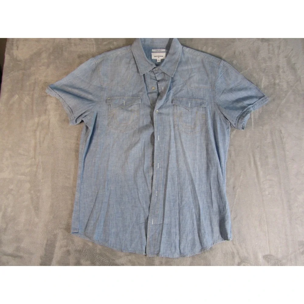 True Religion Mens Blue Short Sleeve Western Button Down Shirt Regular Large